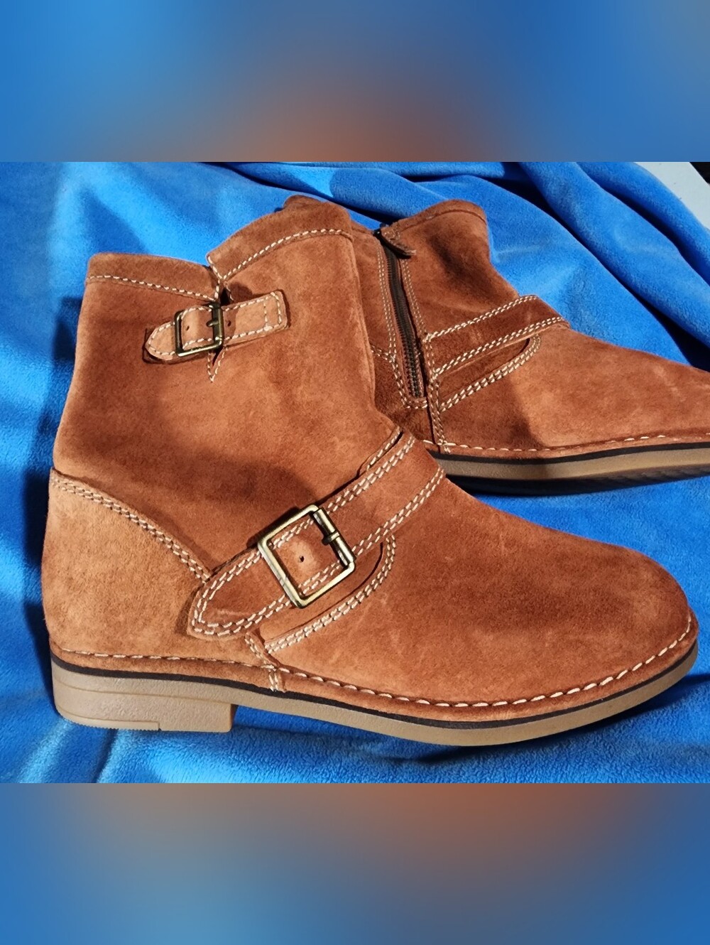 Hush Puppies Cognac Suede Aydin Catelyn Ankle Boots with Buckle Size 9.5 Wide